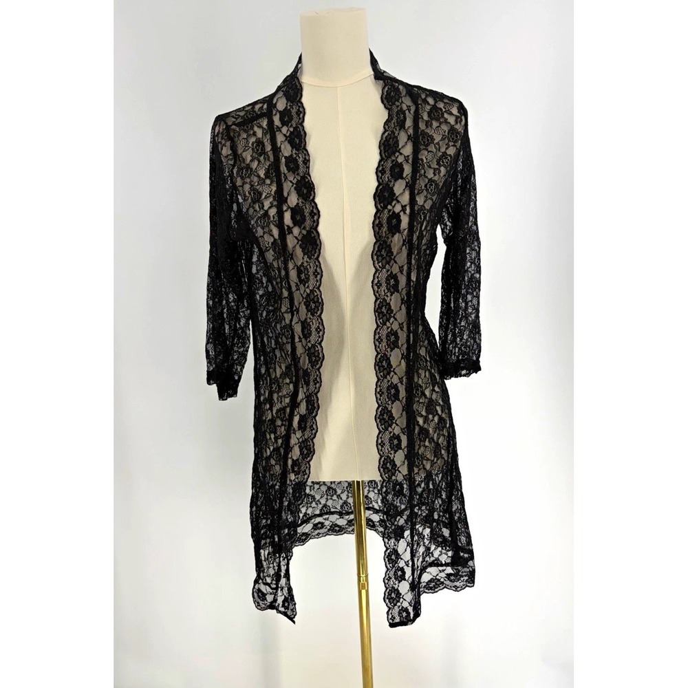 Women's Black Sheer Floral Lace Open Front Cover Witchy Whimsygoth M/L